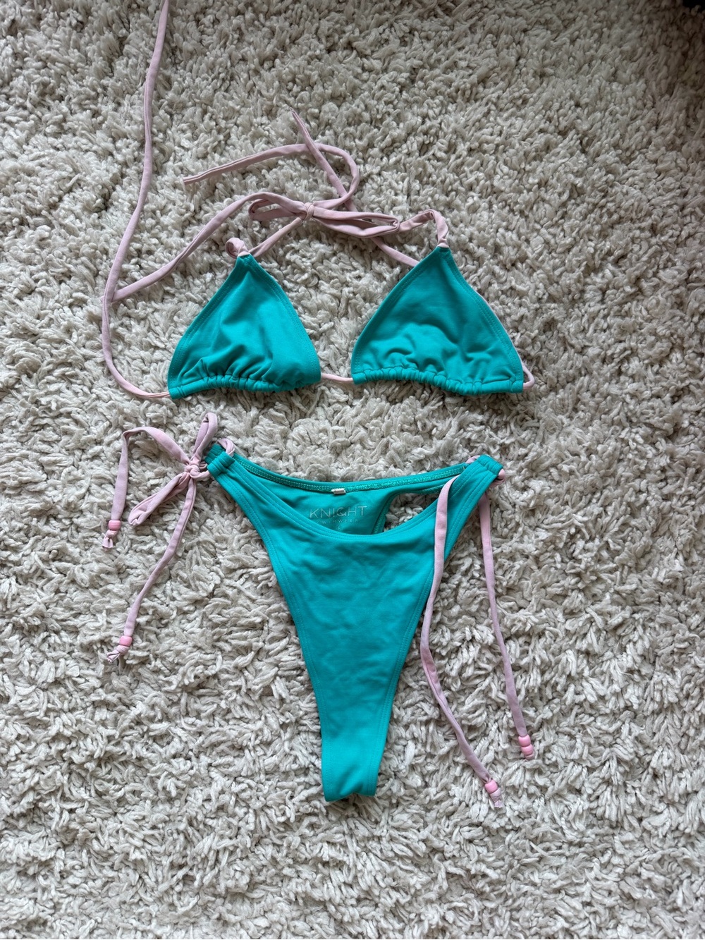 Women's Knight Swim Triangle Bikini Set in Teal with Pink Ties